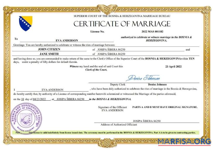 Blank Bosnia & Herzegovina marriage certificate Word and PDF template